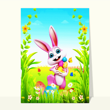 Carte de Pâques : Le lapin joyeux et tous les oeufs