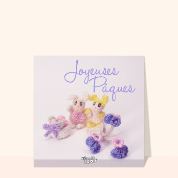 Carte de Pâques : Joyeuses Pâques lapins de laine violet