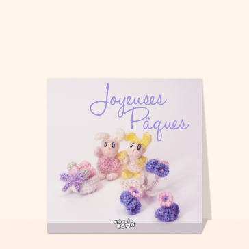Carte Joyeuses Pâques lapins de laine violet