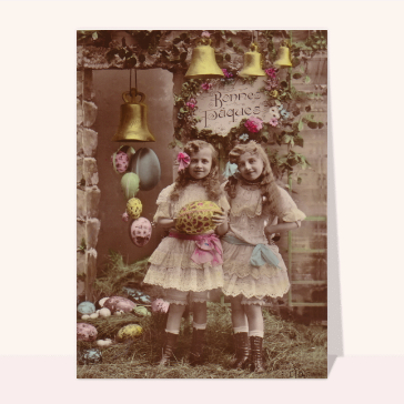 Carte ancienne de Pâques : Bonnes Paques avec deux petites filles