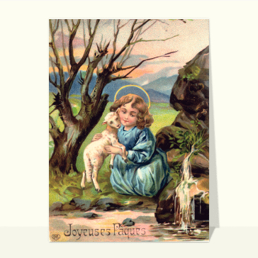 Carte ancienne de Pâques : Carte ancienne de Paques avec un agneau