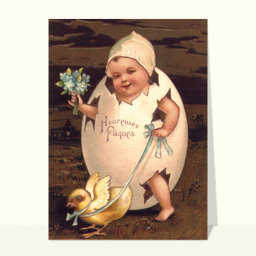 Carte ancienne de Pâques : Bébé dans un oeuf de paques