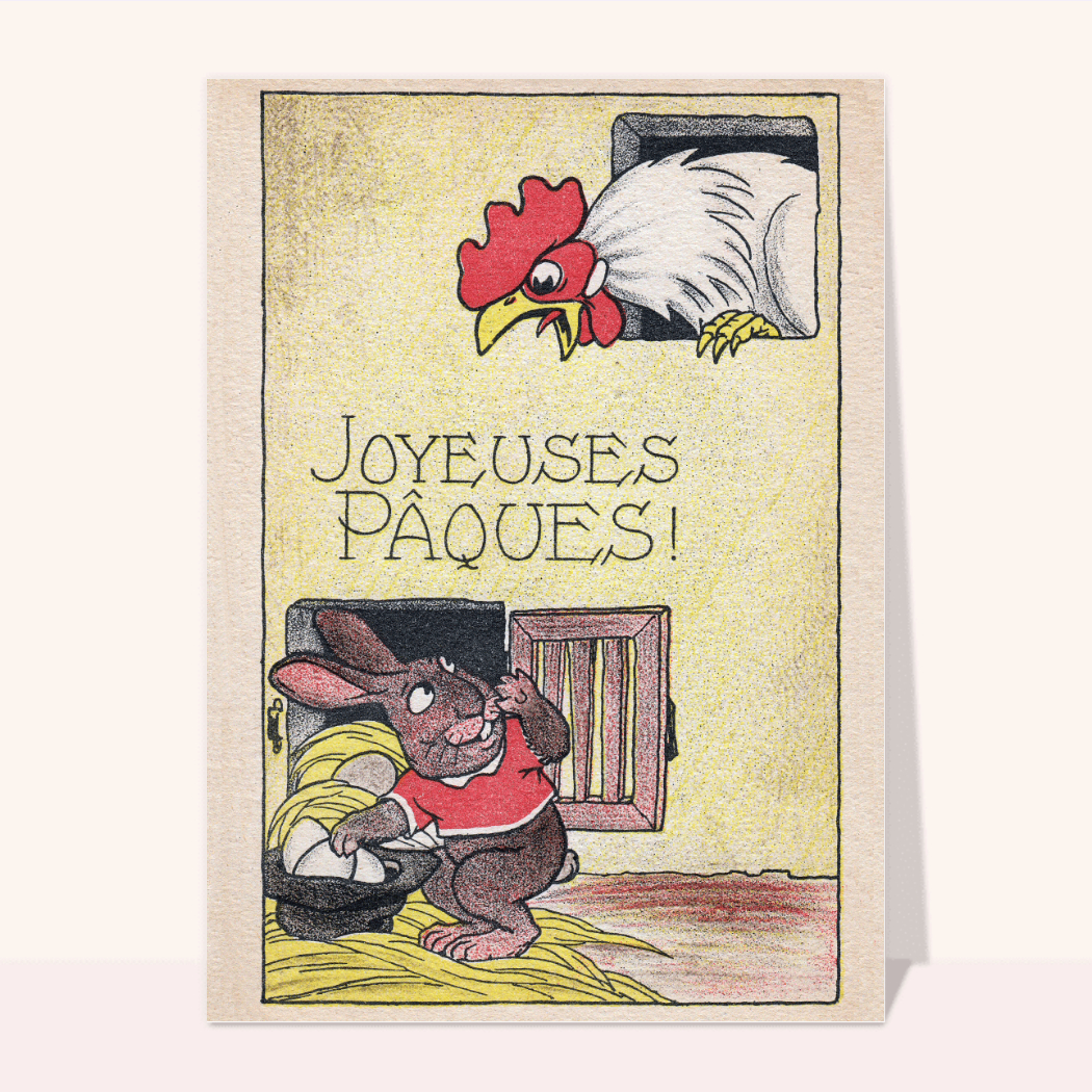 Lapin curieux et coq espiègle à Pâques Carte ancienne de pâques
