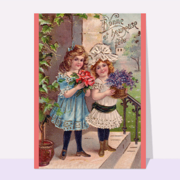 Carte ancienne pour souhaiter une fête : Petites filles sur des marches