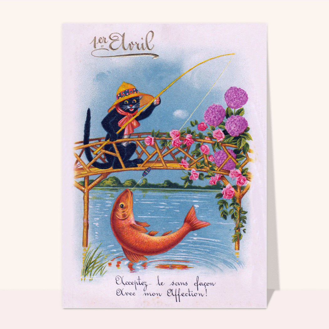 Le chat pêche un poisson d'avril joyeux Carte ancienne 1er avril — free download