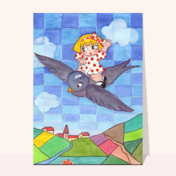 carte de déménagement : La petite fille sur son oiseau