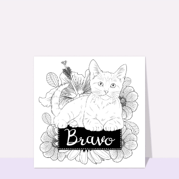 carte félicitation : Bravo avec un chat à colorier