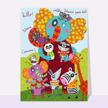 carte pour dire bonjour : Coucou éléphant coloré
