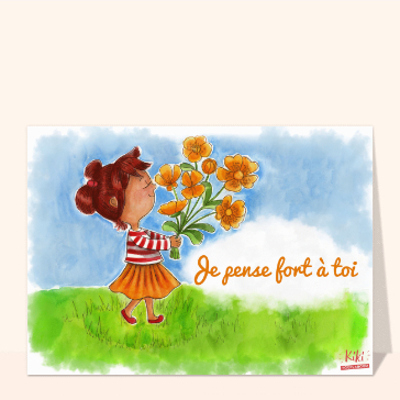 Carte Je pense fort à toi et bouquet de fleurs