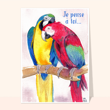 carte pour dire bonjour : Je pense à toi et jolis perroquets