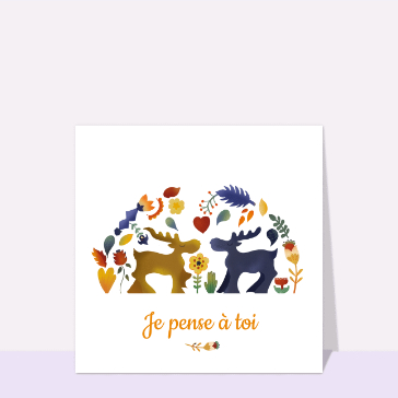 Carte Je pense à toi avec deux cerfs dessinés