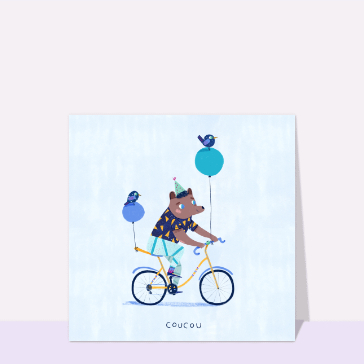 carte pour dire bonjour : Coucou petit loup sur son vélo