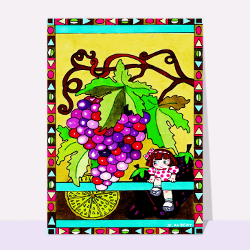 carte divers : Petite fille et grappe de raisin