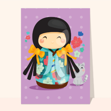 carte divers : Petite geisha avec son petit chat