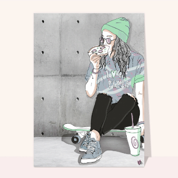 Skateboardeuse et sa pizza