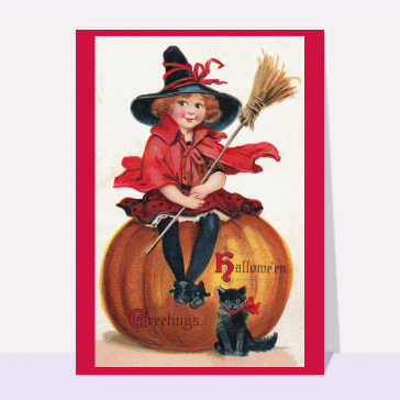 Carte ancienne pour Halloween : La petite sorcière rouge