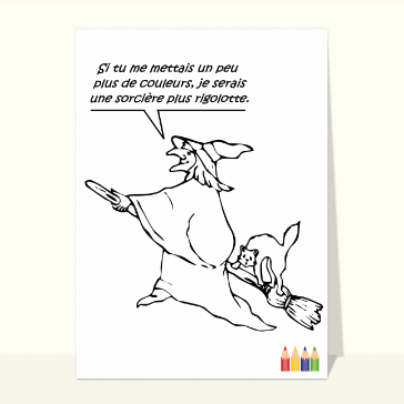 Cartes pour Halloween et Toussaint : Sorcière rigolotte à colorier