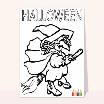 Cartes pour Halloween et Toussaint : Sorcière pour halloween à colorier