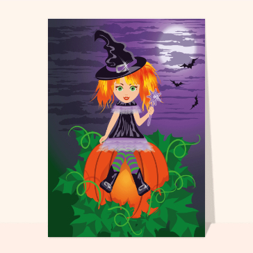 Cartes pour Halloween et Toussaint : Petite sorcière sur une citrouille