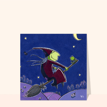 carte halloween : La sorcière et sa grenouille