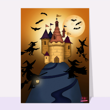 carte halloween : Château hanté sur sa colline