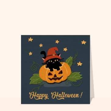 carte halloween : Happy Halloween petit chat noir et citrouille