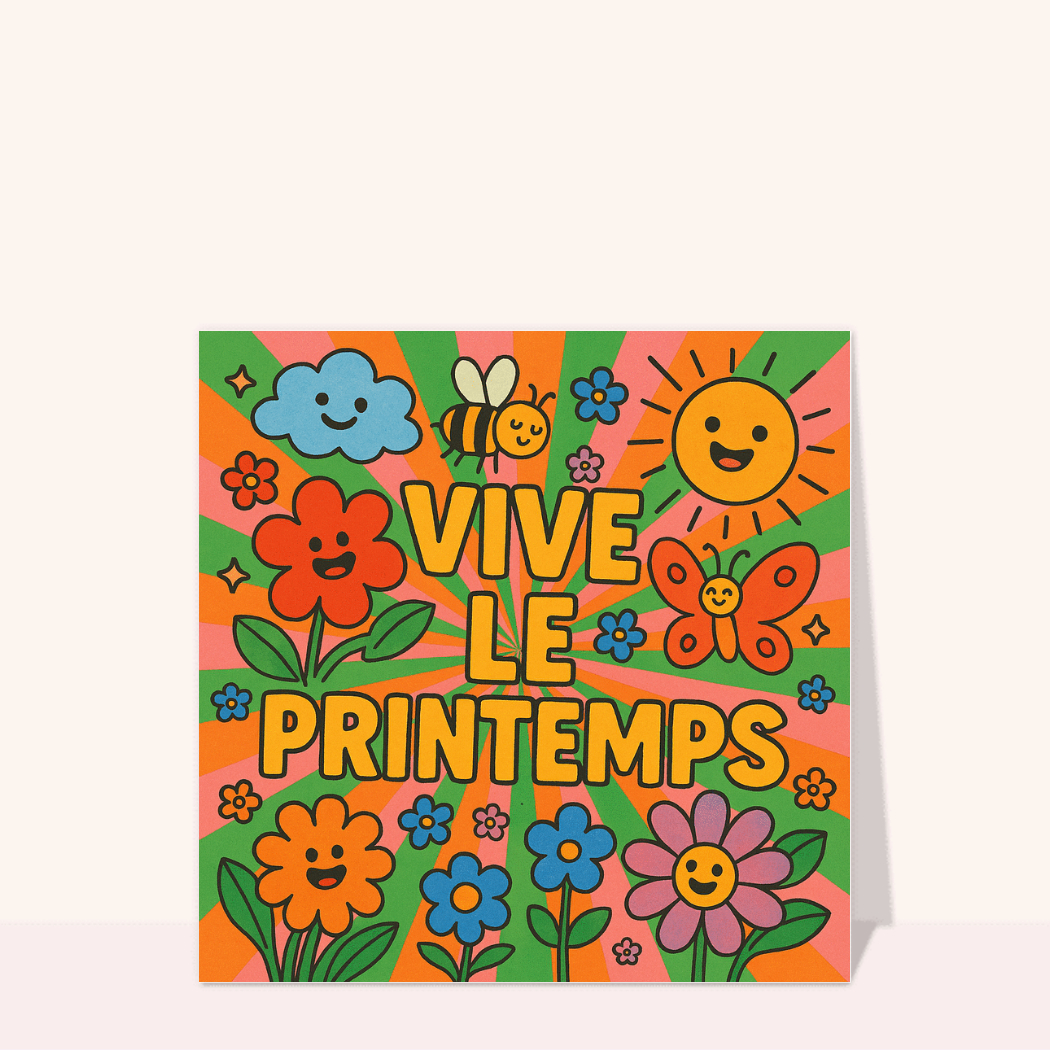 Fleurs joyeuses et soleil du printemps - Carte d'avril et du printemps
