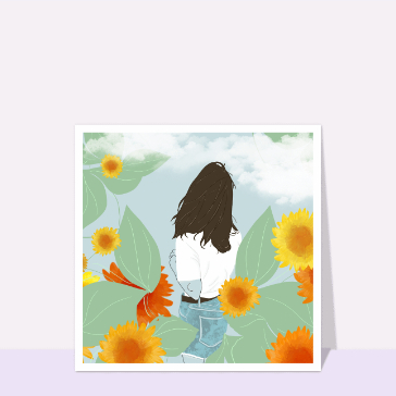 Carte Jeune fille au milieu des fleurs