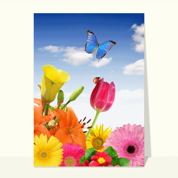 Carte postale de Juillet et d'été : Papillon bleu dans les fleurs