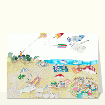 Carte postale de Juillet et d'été : Carte postale de cerf-volant sur la plage