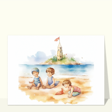 Les enfants sur la plage à l`aquarelle