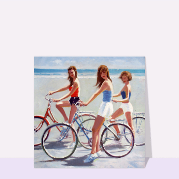 Carte postale de Juillet et d'été : Balade à bicyclette le long de la plage