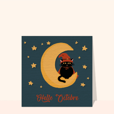 Carte Hello Octobre chat noir sur une lune