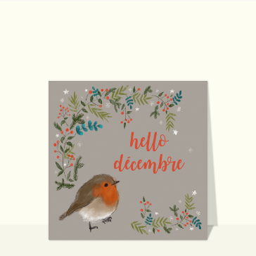 Carte de décembre : Hello décembre et rouge gorge