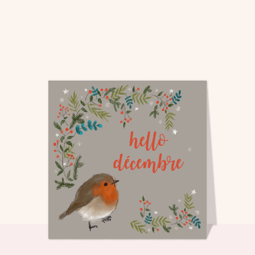 Carte de décembre : Hello décembre et rouge gorge