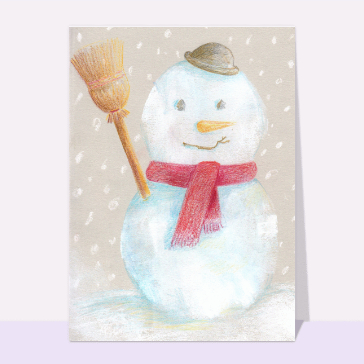 Carte de Février et d'hiver : Bonhomme de neige aux crayons de couleur