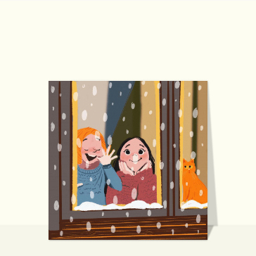Carte Regarder la neige avec un petit chat