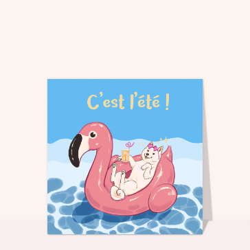 Carte postale d'août et vacances : C`est l`été et shiba inu dans une piscine