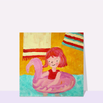 Carte Petite fille dans sa bouée flament rose