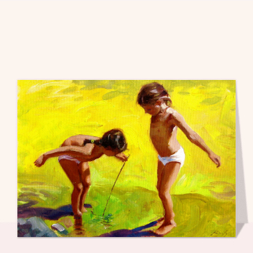 Carte postale d'août et vacances : Petites filles jouant dans l`eau