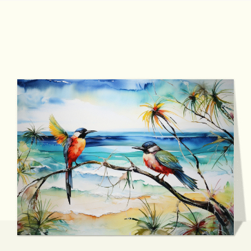 Carte postale d'août et vacances : Oiseaux colorés sur une plage