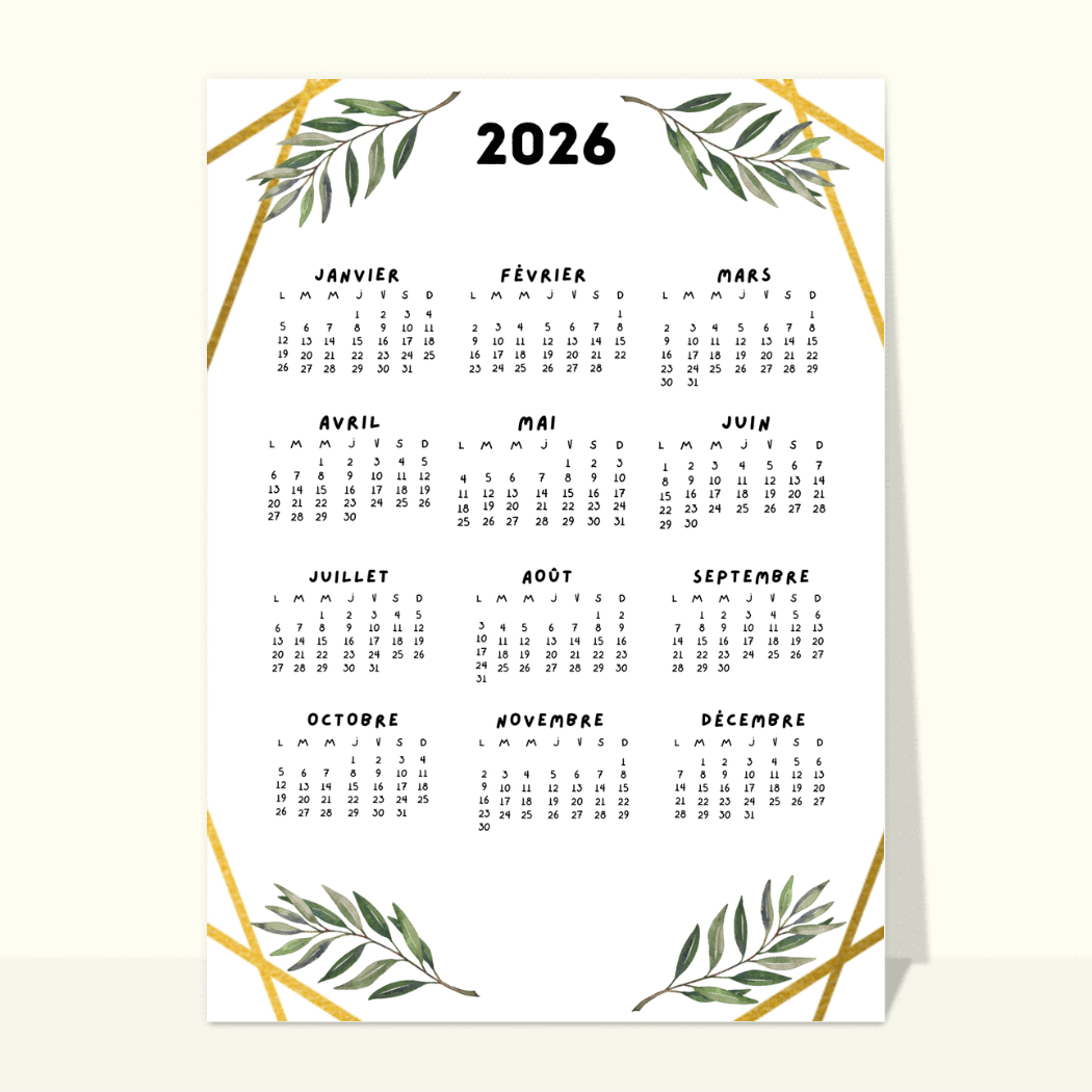 Calendrier 2026 élégant avec feuillage doré - Carte calendrier 2026
