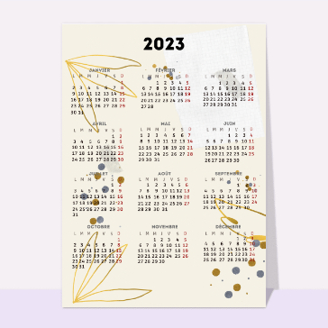 Carte calendrier 2023 : Calendrier 2023 et fleurs dorées