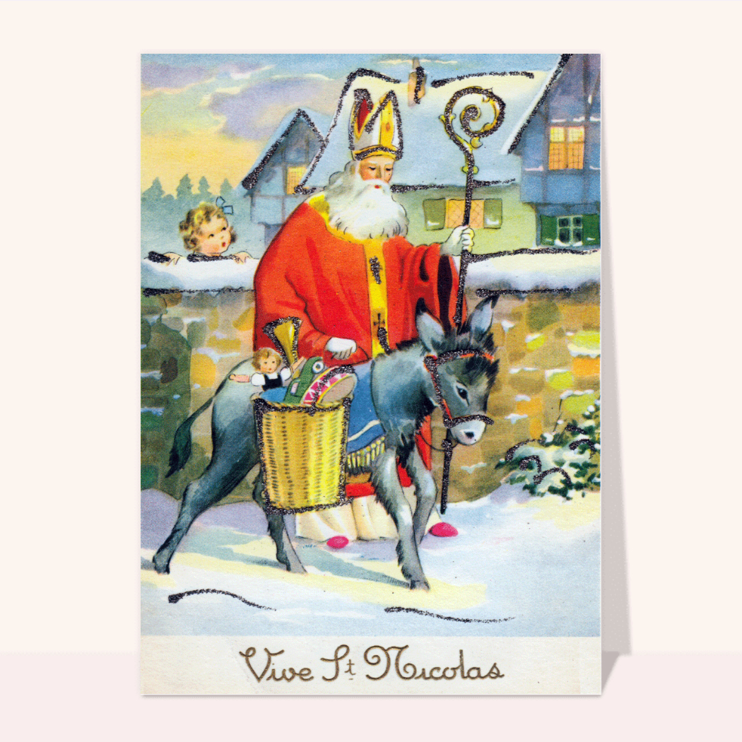 Saint Nicolas empruntant le chemin enneigé - envoi rapide