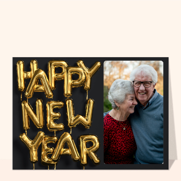 Carte de voeux personnalisable 2023 : Happy New Year en ballons dorés avec votre photo