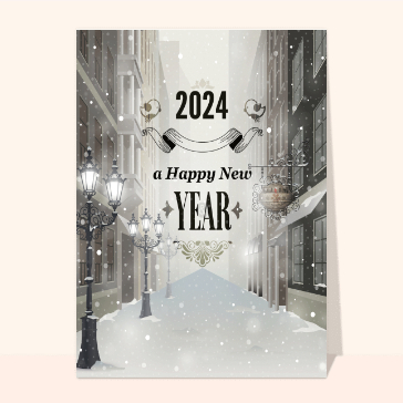 Carte bonne année 2023 en plusieurs langues : Happy New Year dans une rue de Londres