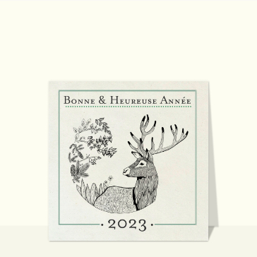 Carte de voeux Nature 2023 : Bonne et heureuse année avec un cerf à l`encre