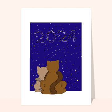 carte de voeux 2024 chat mignon : Deux chats qui regardent les étoiles en forme de 2024