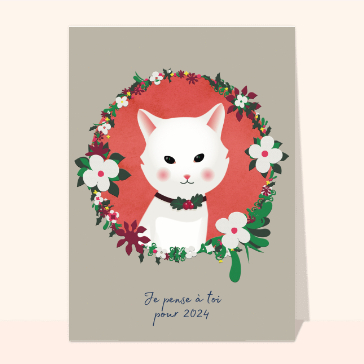 carte de voeux 2023 avec des fleurs : Je pense à toi petit chat blanc