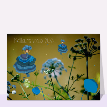 carte de voeux 2023 avec des fleurs : Meilleurs voeux petites fées sur des fleurs
